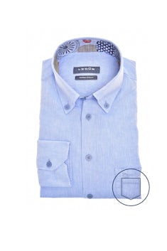 Light blue modern fit linen blend shirt with contrasting collar 0141798-130-130-000