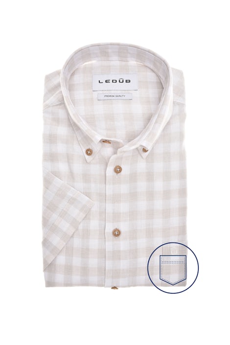 Beige geruit modern fit katoen/linnen overhemd in korte mouw 0142926-620-000-000